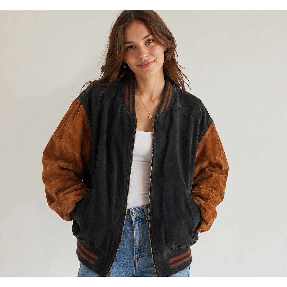 Vintage Basic Editions Two-Tone Suede Leather Varsity Bomber Jacket
